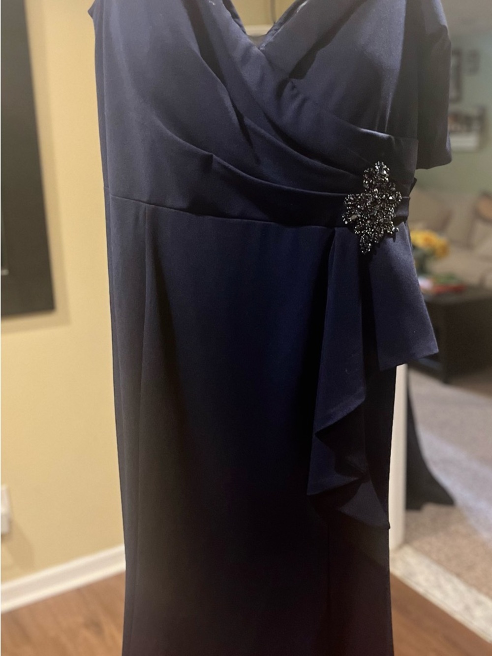 Rina diMontella Navy One-Shoulder Evening Dress with Beaded Brooch